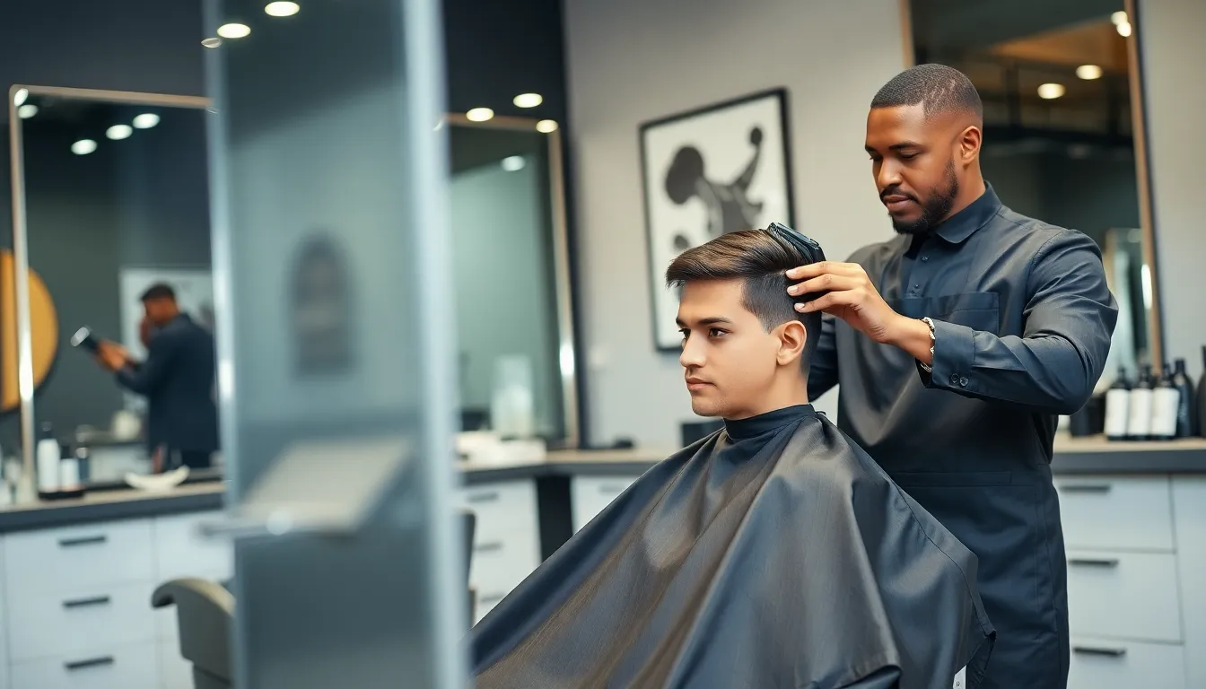 A barber giving a mid fade taper haircut to a young man.