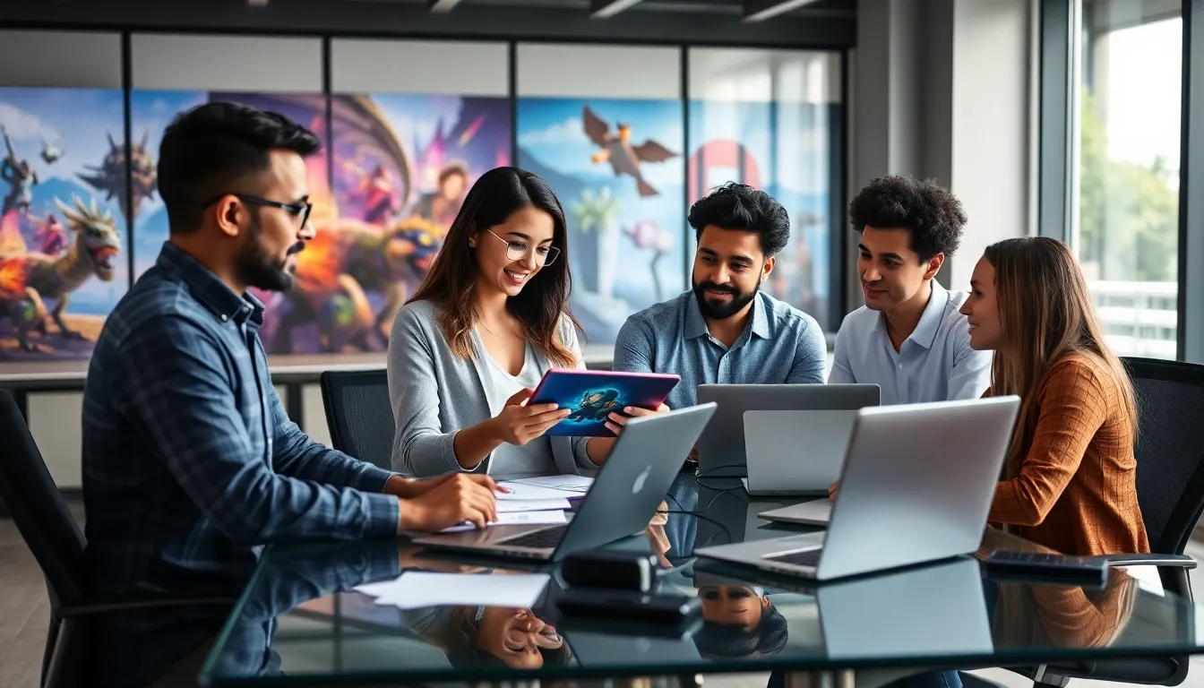 diverse team collaborating in a modern game development office.