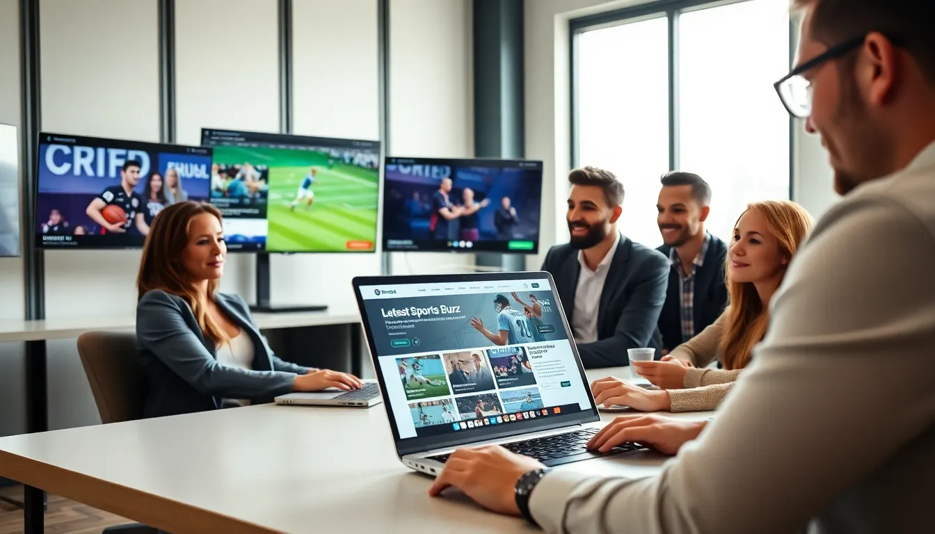 Diverse team engaging with sports news on digital devices in a modern office.