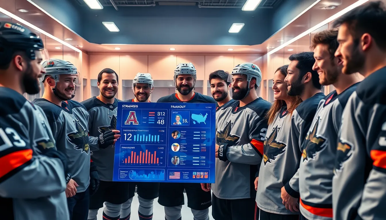 diverse hockey players strategizing in a modern locker room.