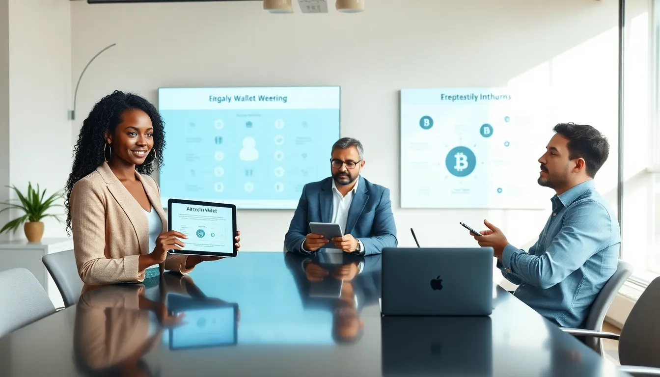diverse team discussing altcoin wallets in a modern office.