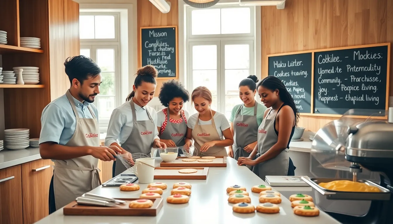 diverse team baking cookies in a bright, inviting bakery.