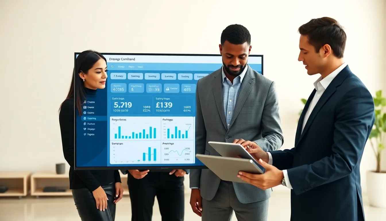 professionals discussing an energy comparison tool in a modern office.