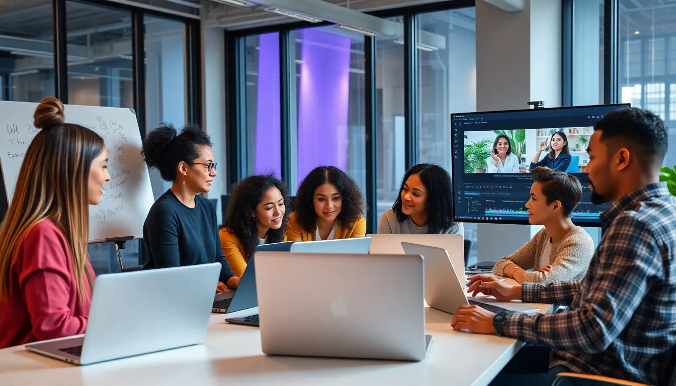 diverse team in a modern office collaborating on digital content.