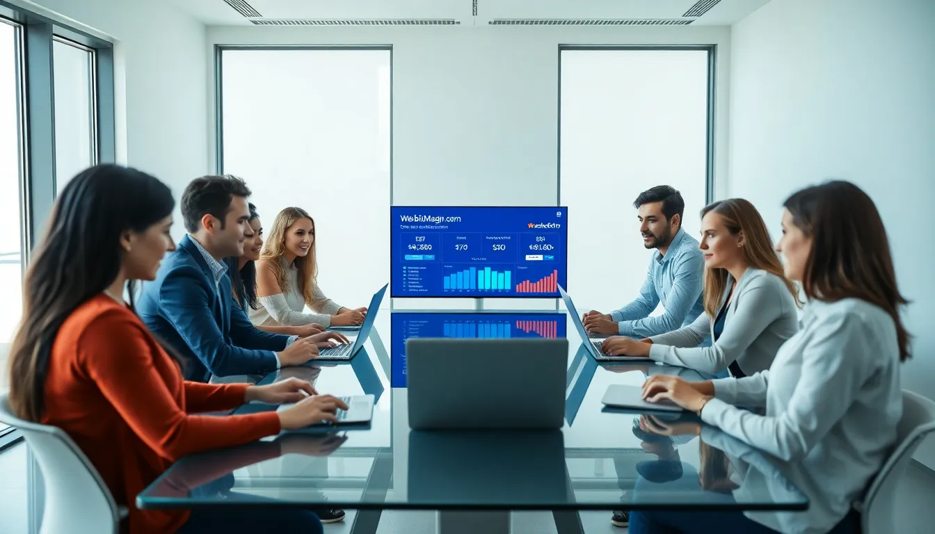 diverse team discussing digital marketing software in a modern office setting.