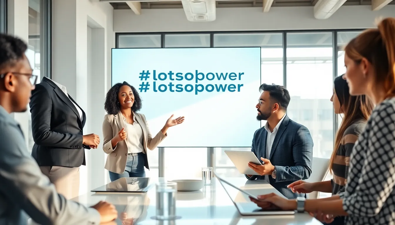 diverse team discussing '@lotsofpower' in a modern office.