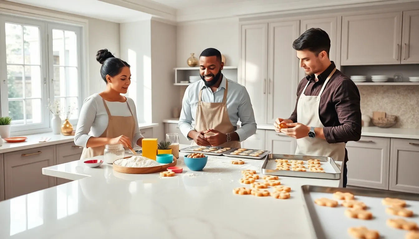 diverse bakers preparing cookies in a modern kitchen.