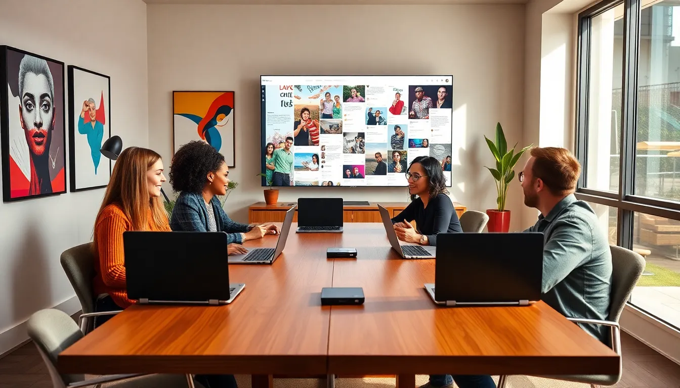diverse professionals collaborating in a modern workspace for social media development.