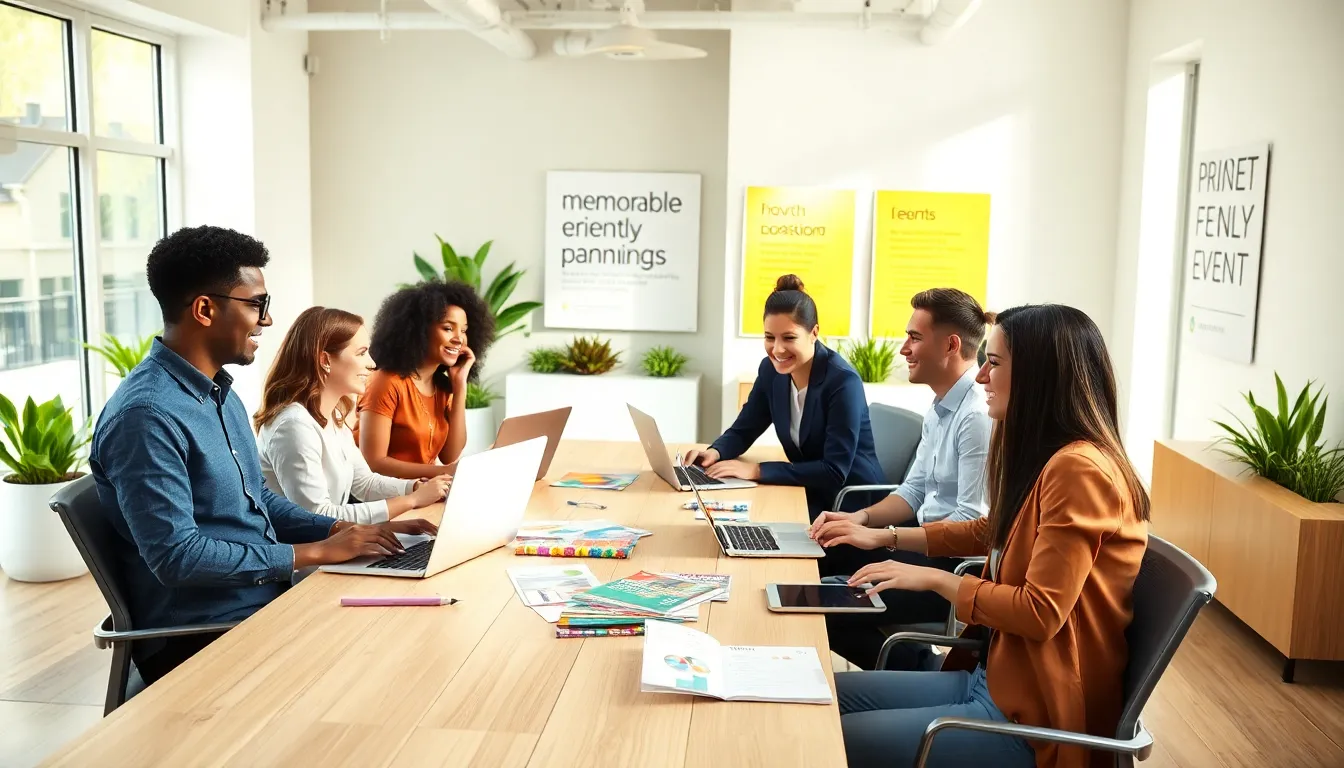 diverse team collaborating on budget-friendly event planning in an office.