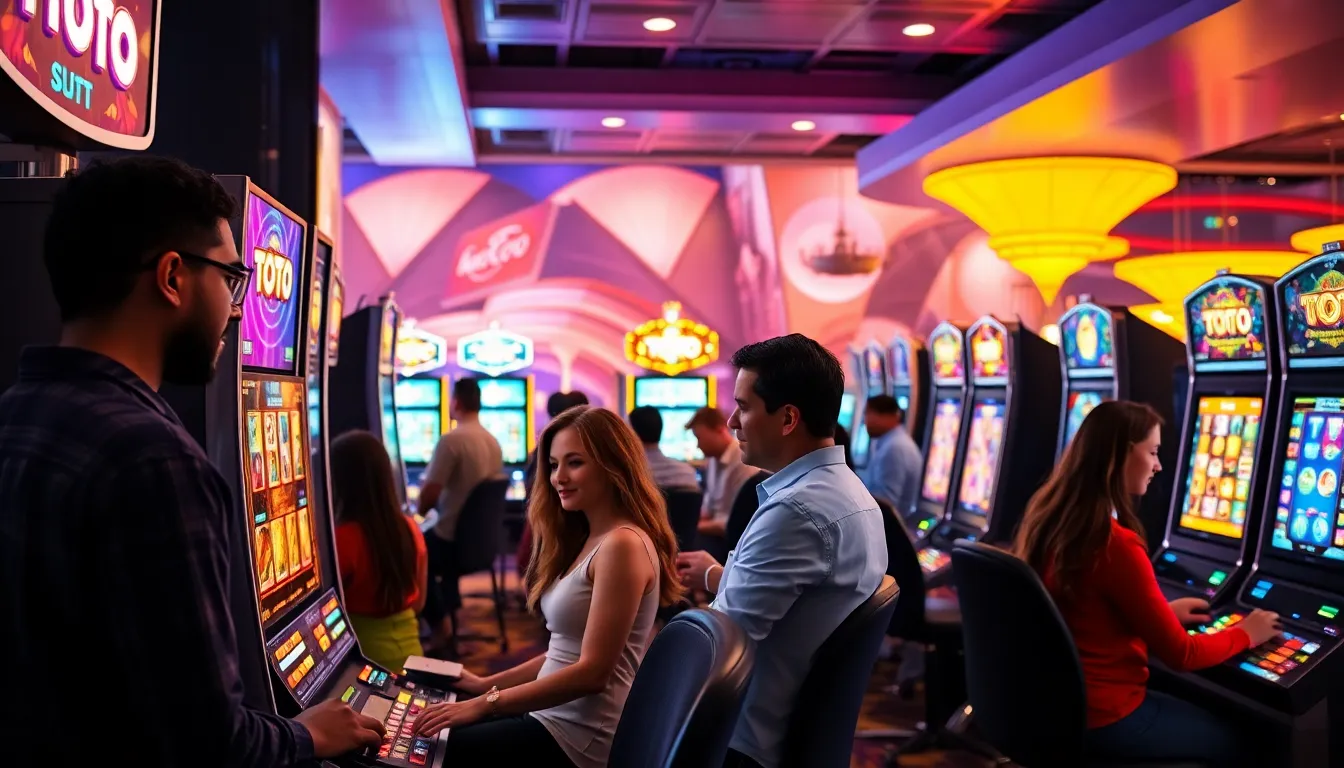 people playing Toto slot machines in a modern casino setting.