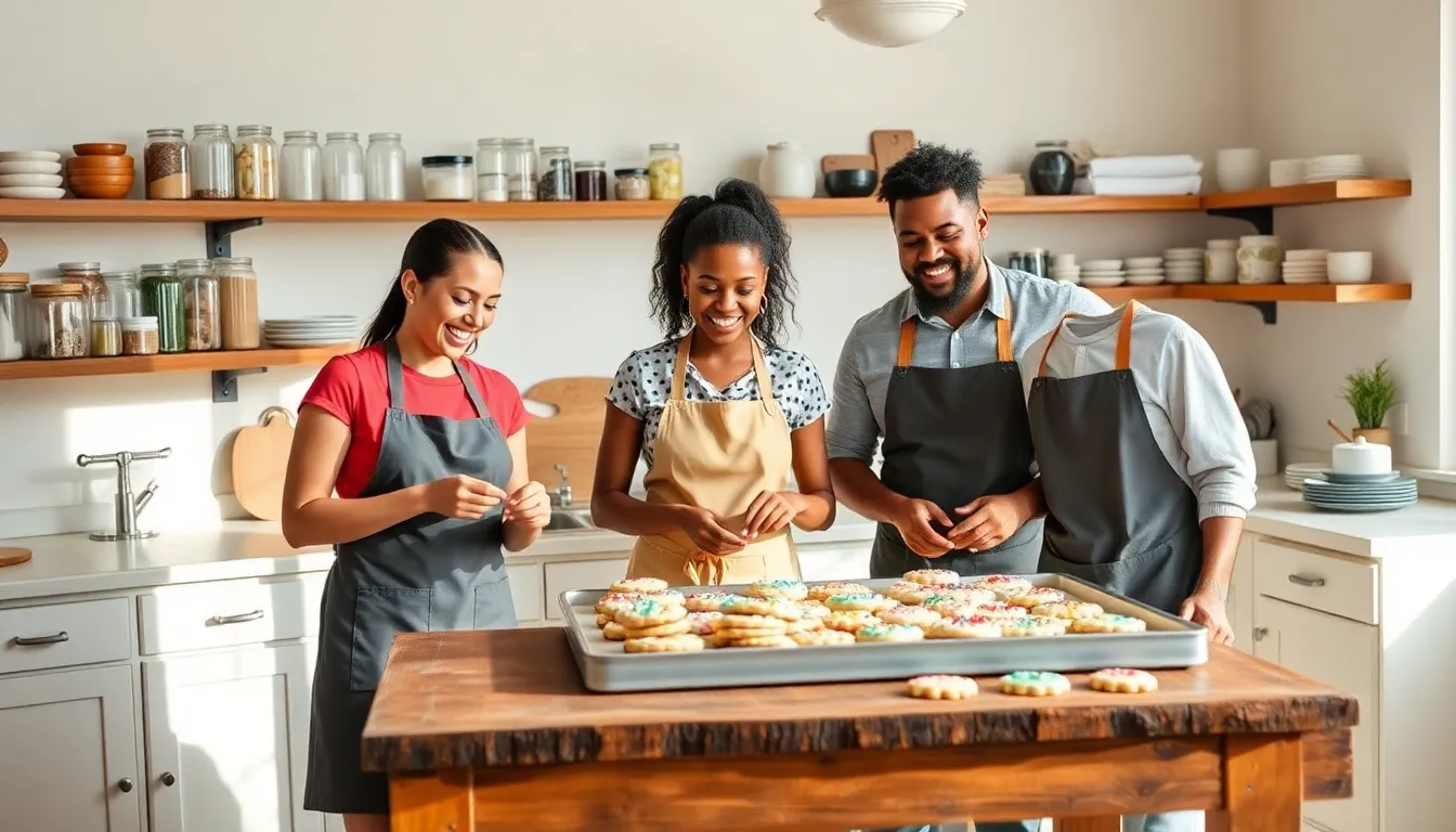 diverse bakers preparing cookies in a bright kitchen.