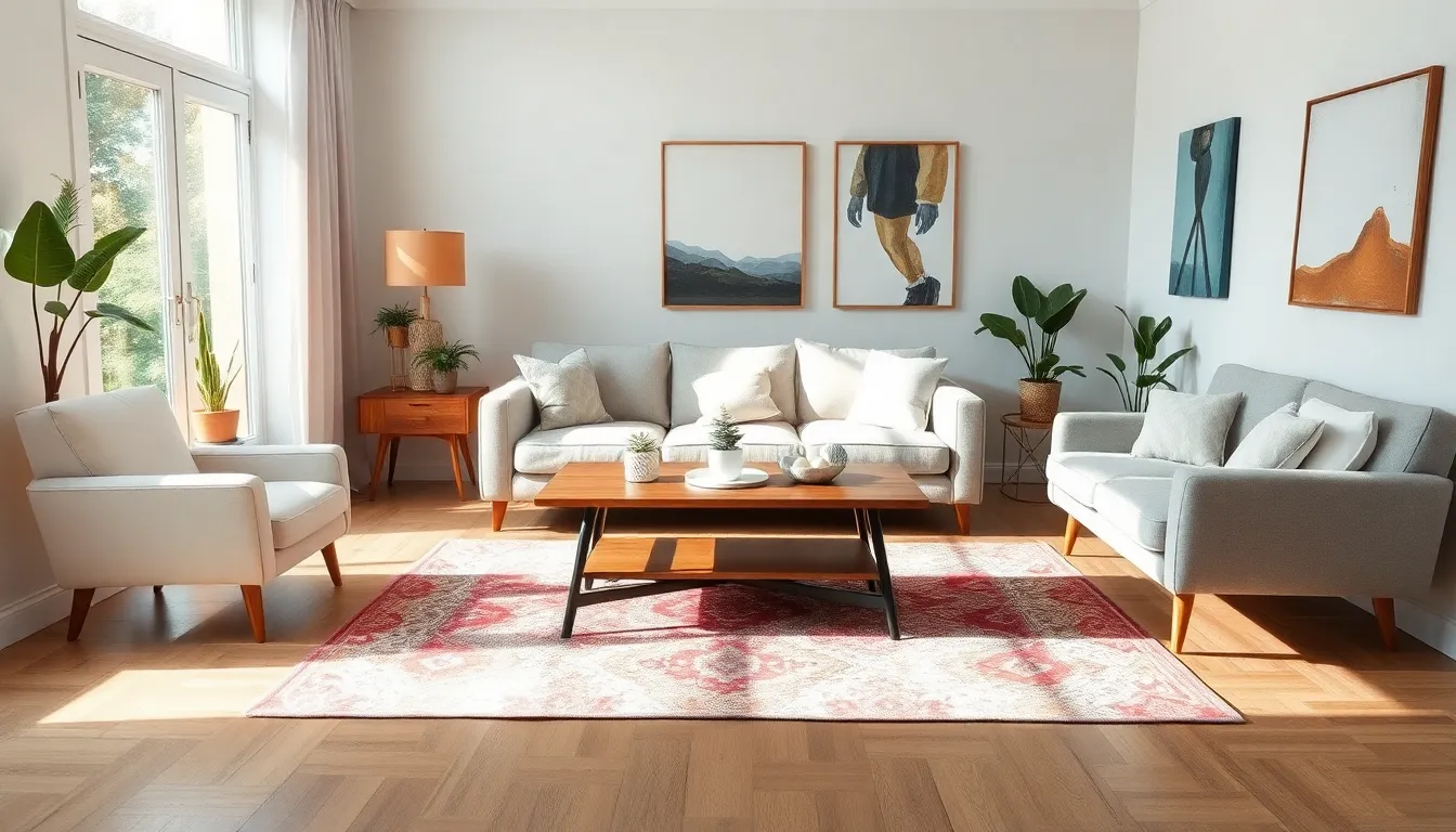 modern living room with stylish furniture and warm decor.