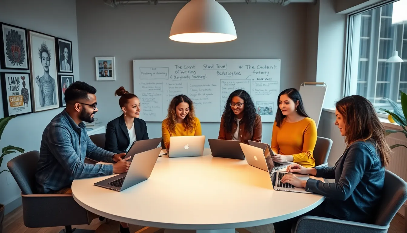 diverse professionals collaborating on creative content in a modern office.