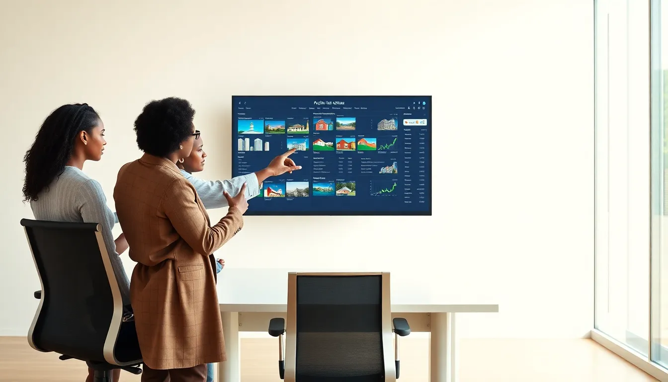 digital interface showing real estate archives with a diverse team collaborating.