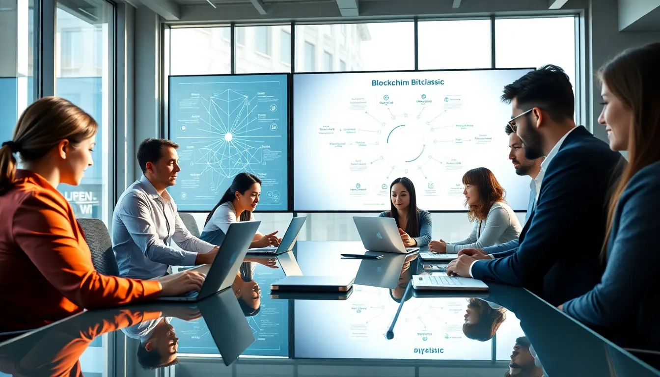 professionals discussing Blockchain Bitclassic in a modern office.