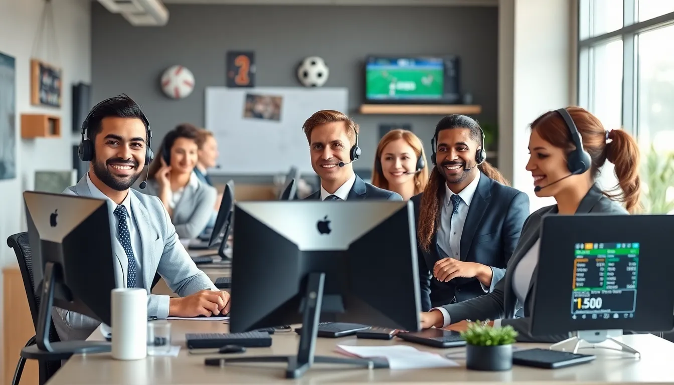 diverse customer support team assisting sports fans in a modern office.