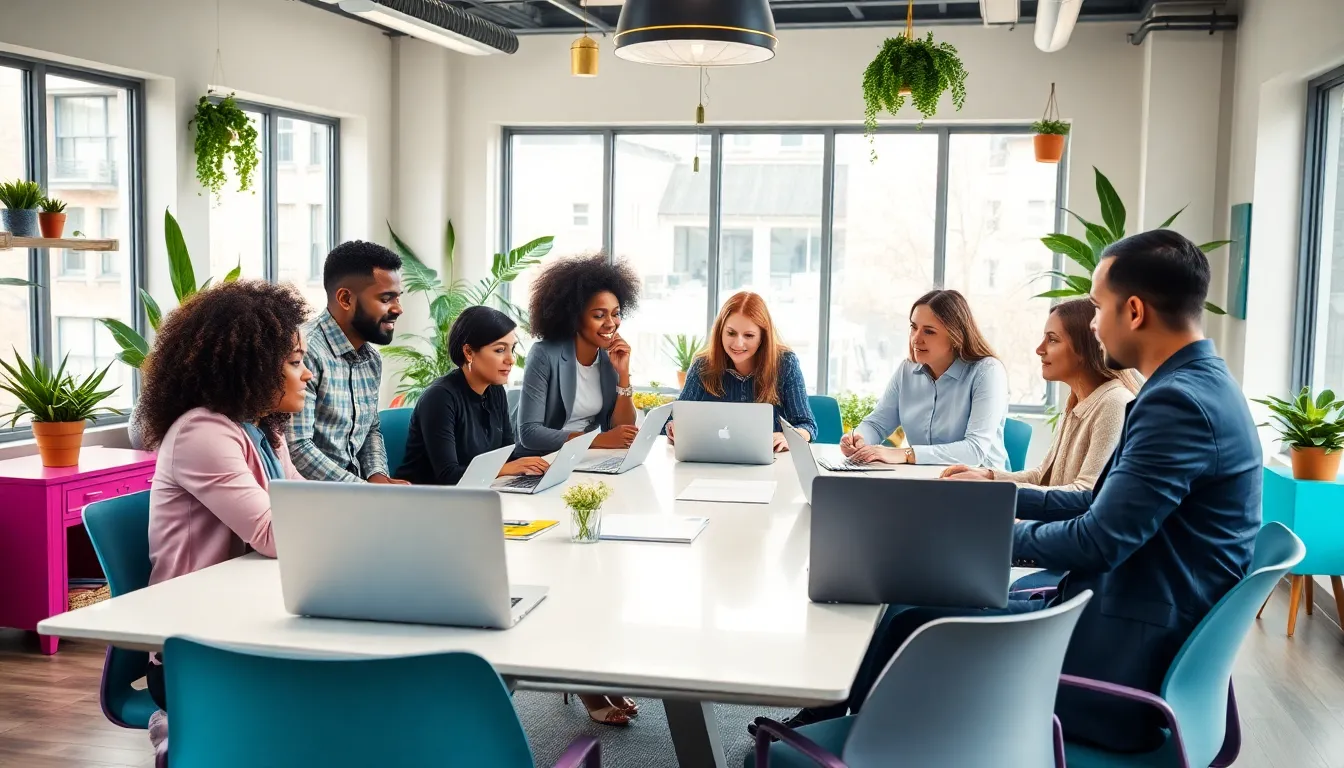 diverse team collaborating on a creative event planning in a modern office.
