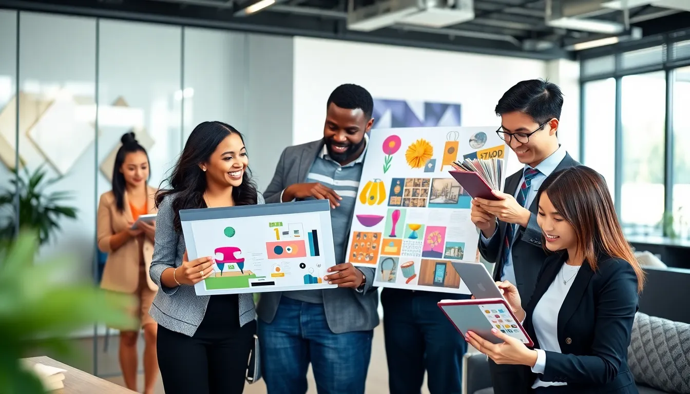 diverse team collaborating on event planning ideas in a modern office.