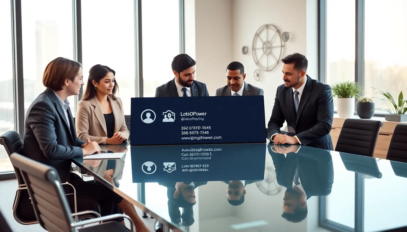 diverse team discussing contact details in a modern office setting.