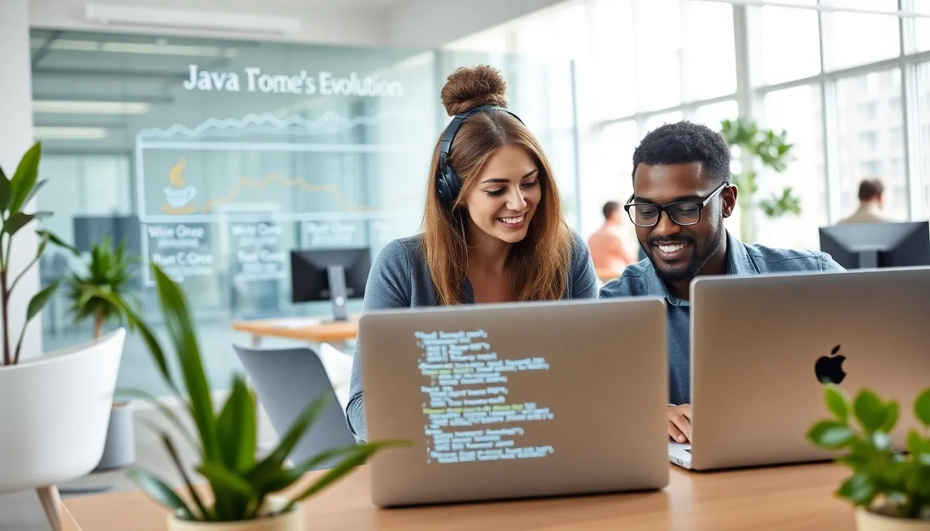 diverse developers collaborating in a modern office on Java programming.