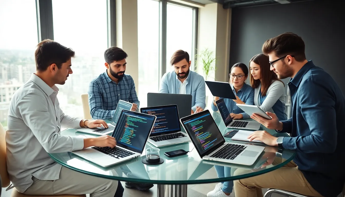 diverse team coding collaboratively in a modern office.
