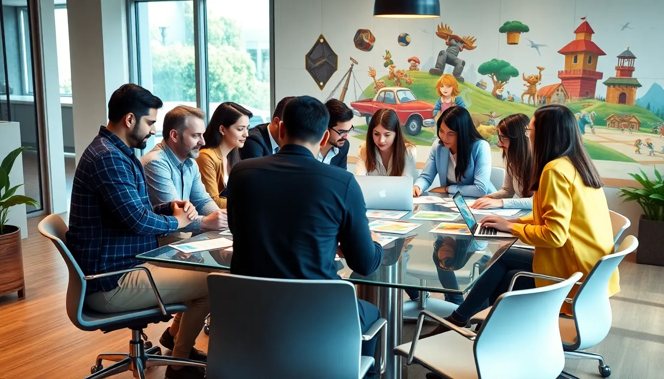 diverse team collaborating in a bright, creative office setting.