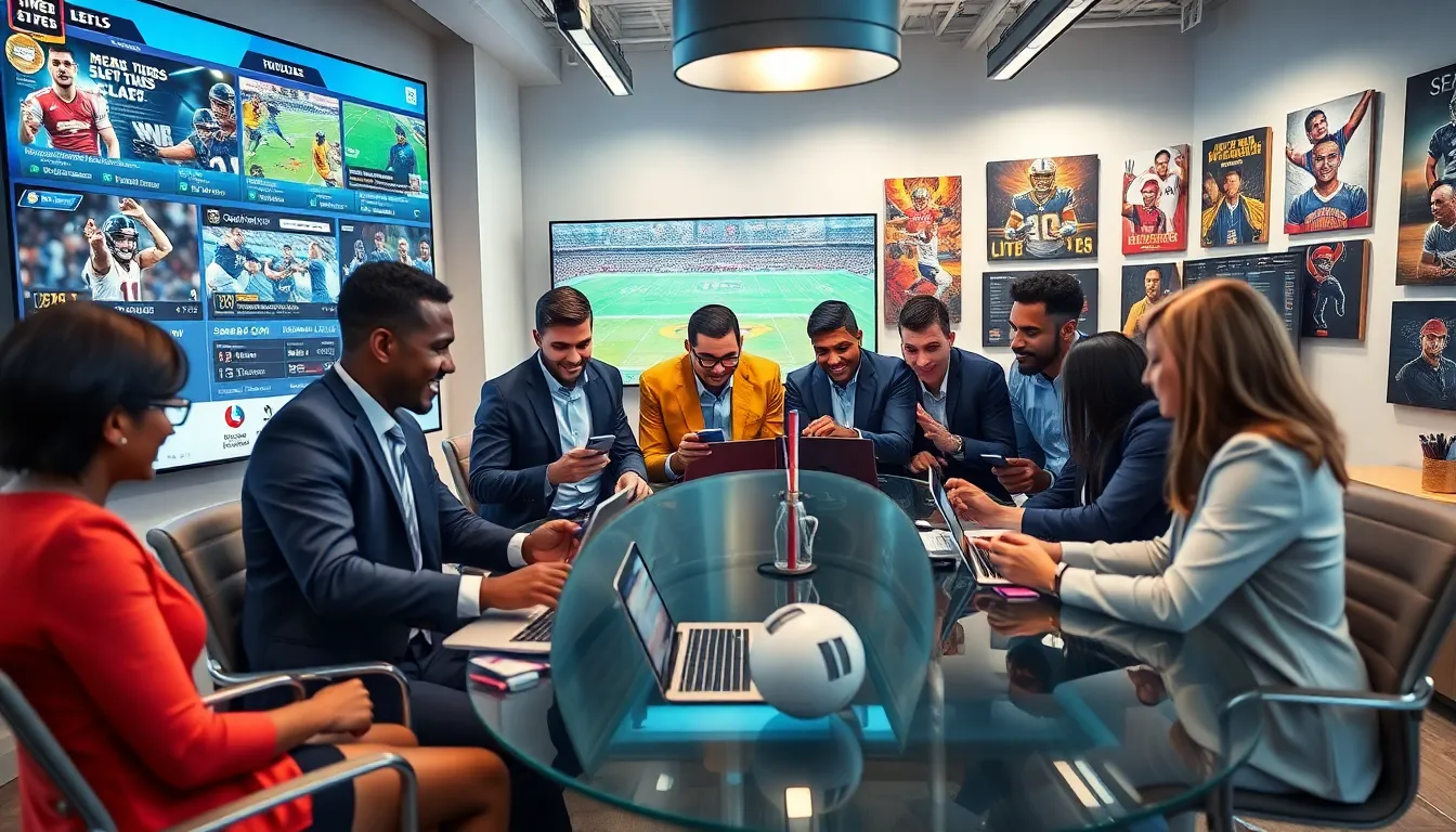 a diverse team analyzing sports updates in a modern office.