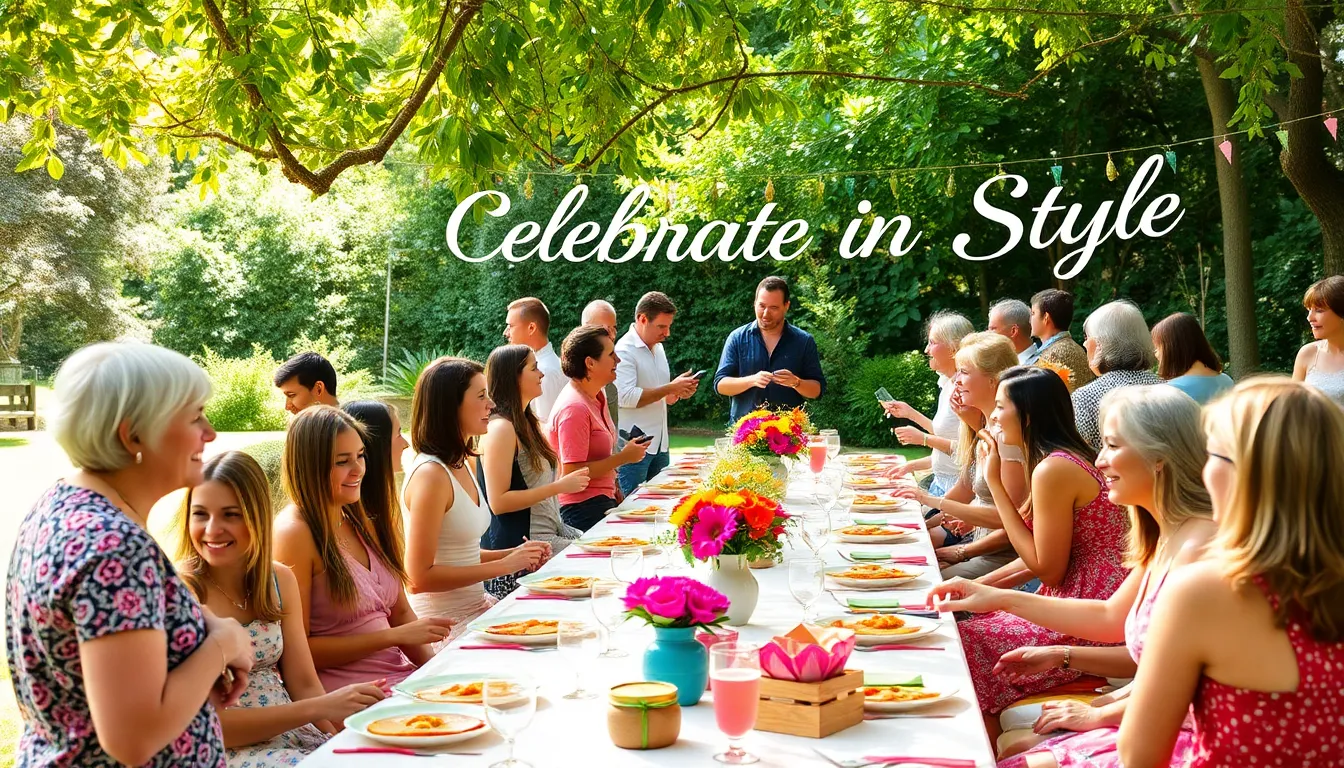 a joyful outdoor event with diverse guests enjoying DIY decorations and homemade food.