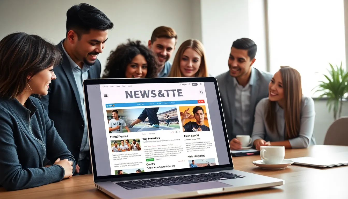 diverse professionals discussing a sports newsletter in a modern office.