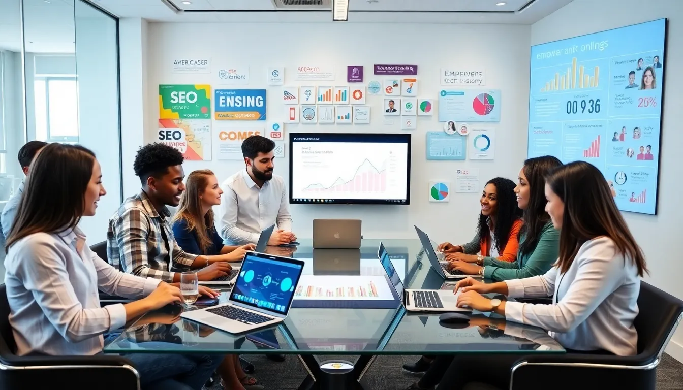 diverse team collaborating on digital marketing strategies in an office.