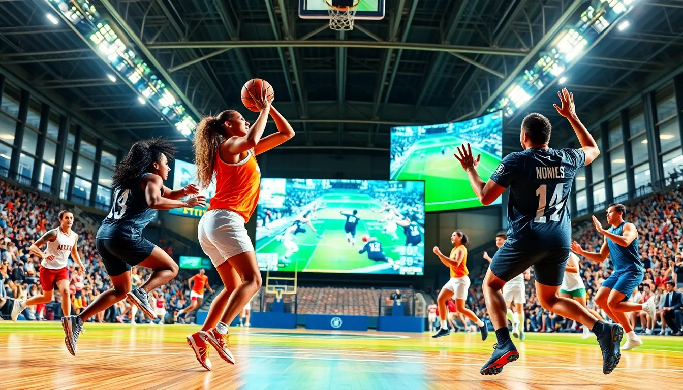 diverse athletes in a modern sports complex, highlighting trending sports topics.