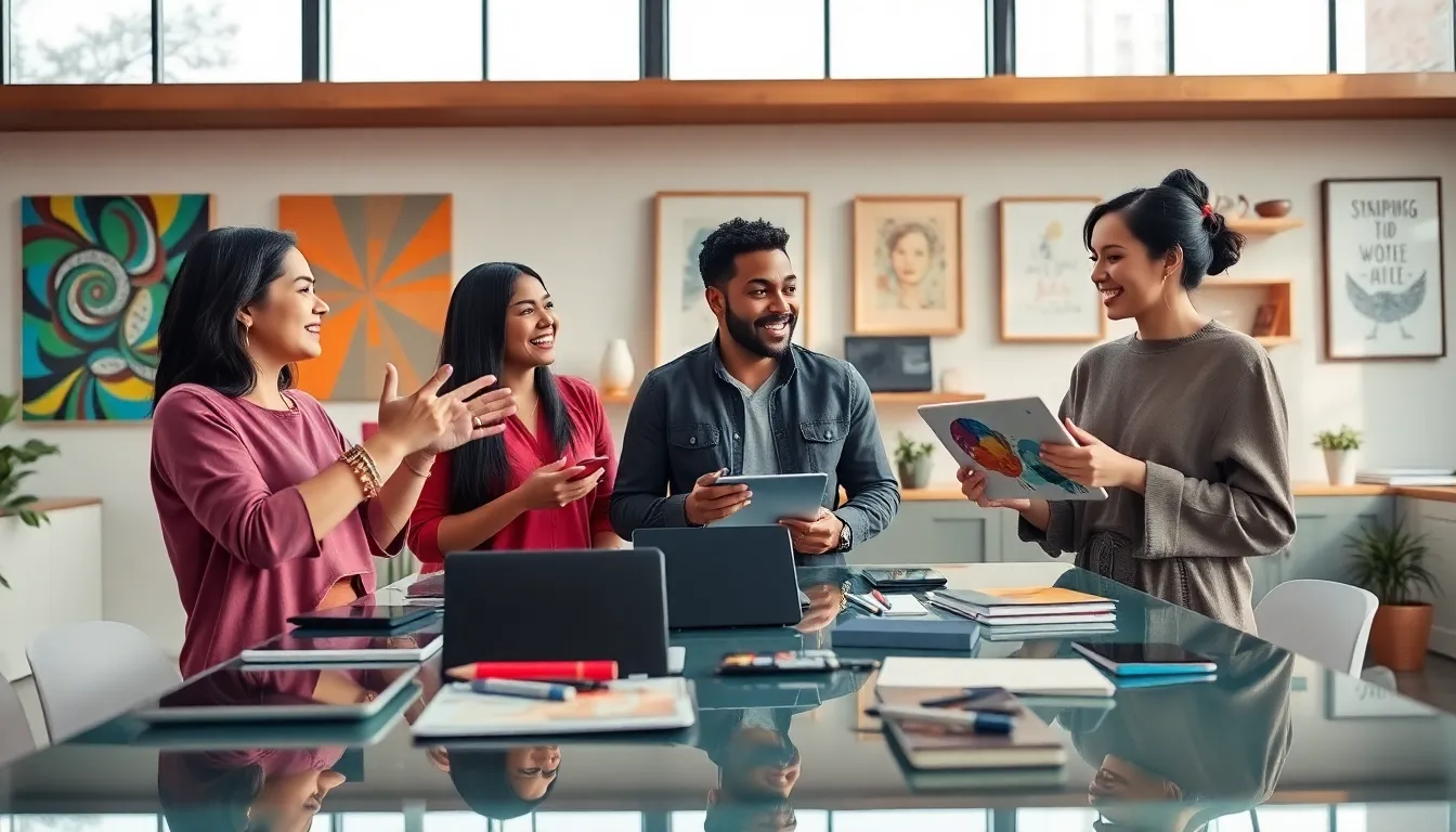 diverse team collaborating in a vibrant creative workspace.