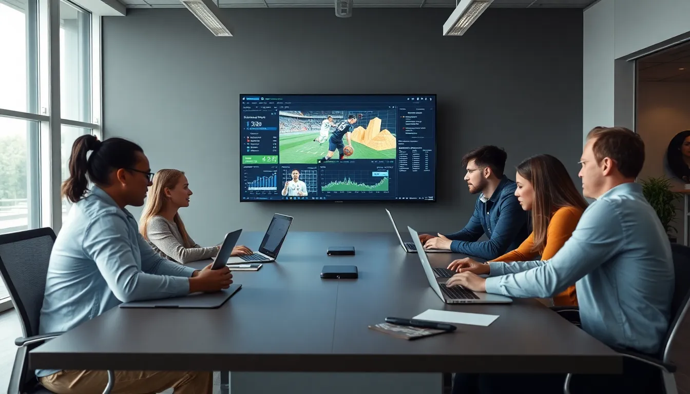 team discussing sports analytics in a modern office.