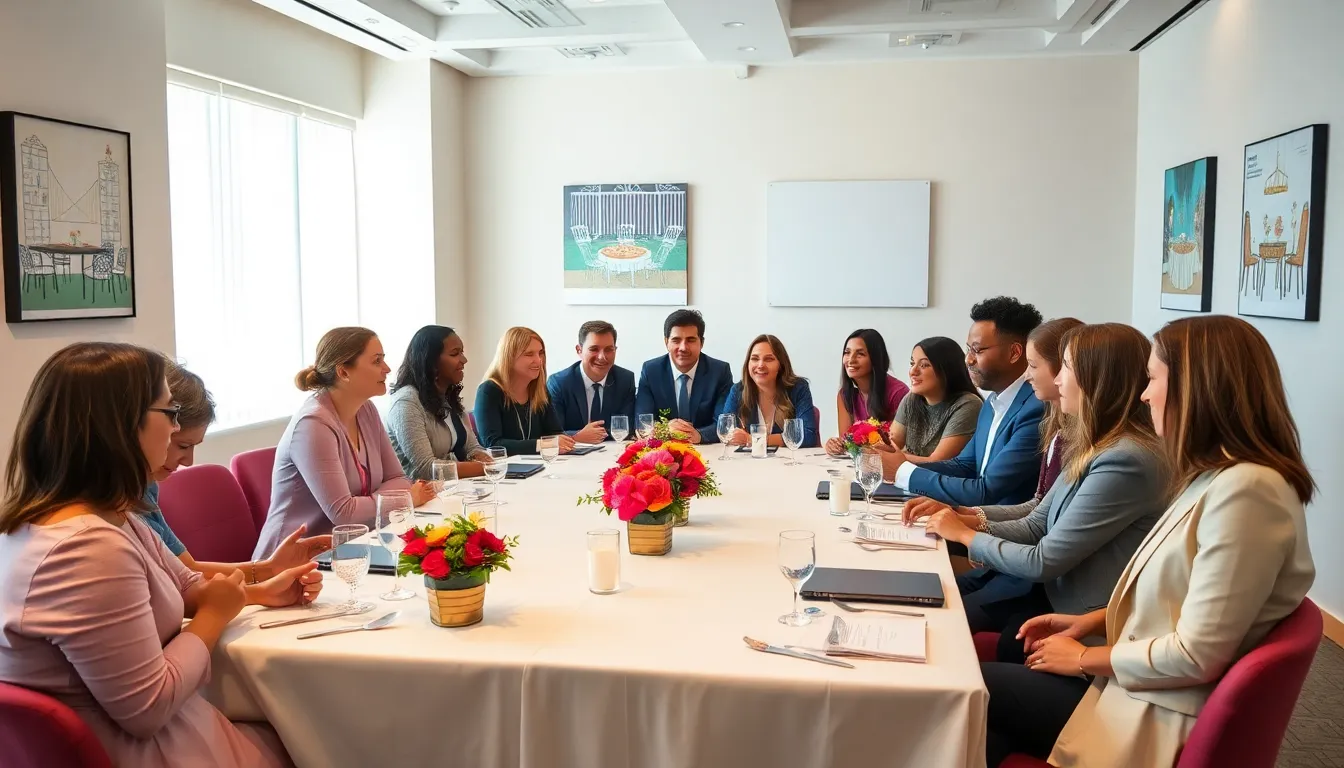 diverse team discussing budget-friendly event planning in a bright office.